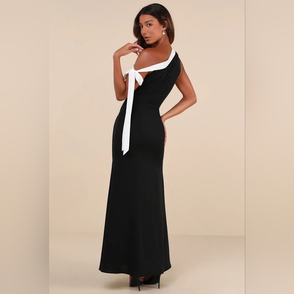 Lulus Intriguing Demeanor Black and White Bow One-Shoulder Maxi Dress XL Wedding - Picture 5 of 9